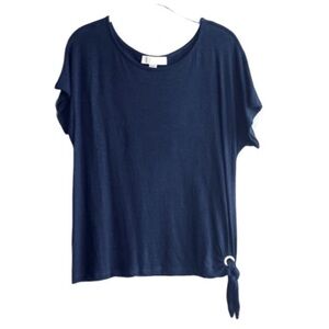 Michael Kors Short Sleeve Blouse Linen Blend Side Tie True Navy Blue Size M